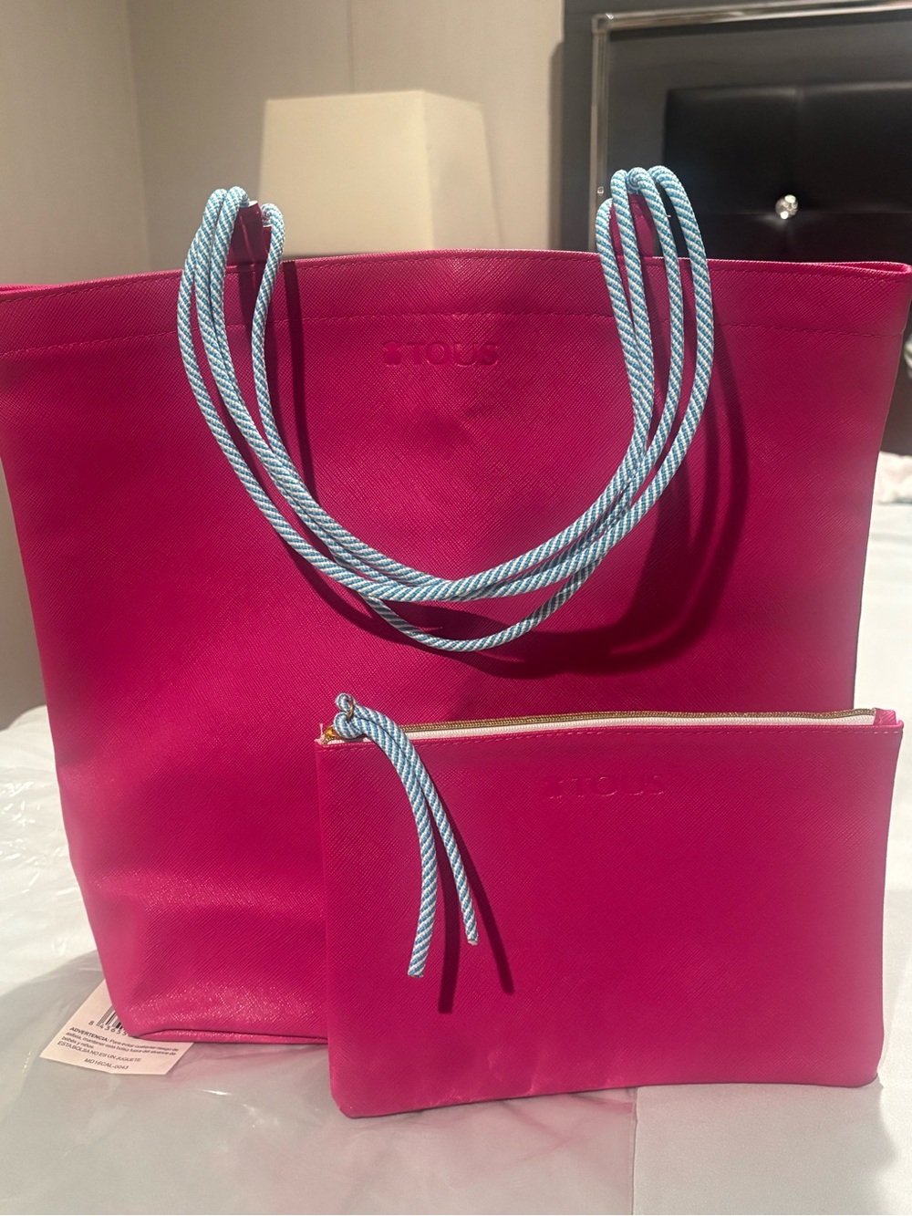 Tous Fuchsia Tote with Light Blue Rope Handles and Matching Pouch